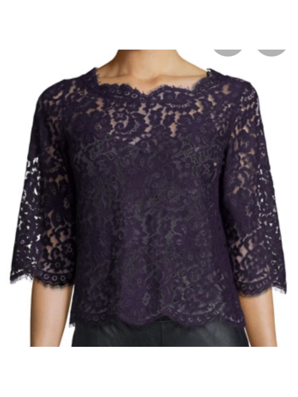 NTW Joie Purple Scalloped Lace 3/4 Sleeve Blouse, size XS, MSRP 218$
